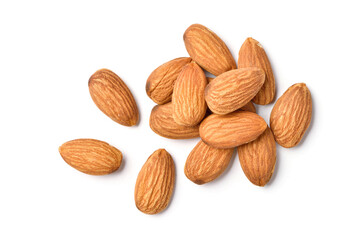 Flat lay (top view) of Almond nuts on white background.