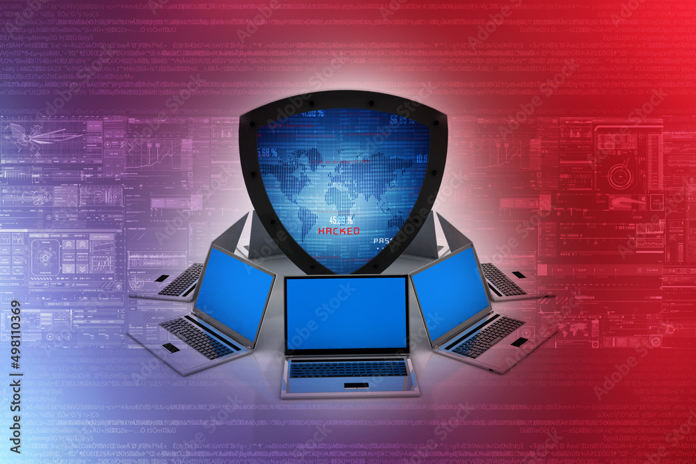 Poster laptop with shield. isolated 3d rendering image