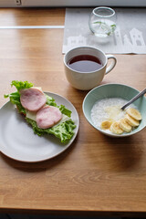 Breakfast. Milk rice. Toast with ham and cheese.