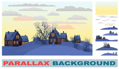 Fototapeta na wymiar Village. Set for parallax effect. Rural houses in winter. Christmas Evening. Quiet frosty evening. Gable roof is covered with snow. Nice and cozy countryside landscape. Flat cartoon style. Vector art