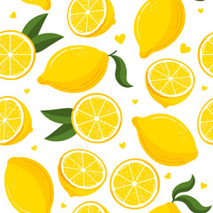 Seamless pattern of fresh yellow lemon fruit with green leaves, slices isolated on white background. Vector flat illustration. The print is well suited for textiles, Wallpaper and packaging