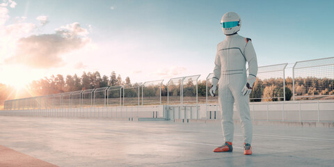 3D rendering of a racing pilot on a race track - obrazy, fototapety, plakaty