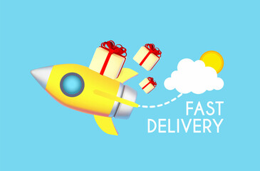 Fast delivery concept with speed rocket and boxes with bow isolated on blue background.