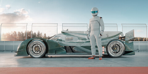 3D rendering of a generic racing car and a pilot - obrazy, fototapety, plakaty