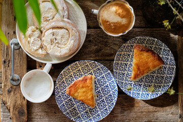 Pieces of cake on plates. Top view.