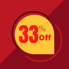 33% off sticker with yellow balloon and red background illustrating a promotion (discount offer)