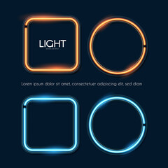 Shining neon square and circle banner set. Simple light element collection on blue background. Golden light.