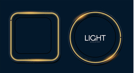Shining neon square and circle banner set. Simple light element collection on blue background. Golden light.