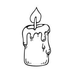 Candle line art. Paraffin burning candle. Wax lighting. Aromatherapy. Wick with flame. Old melted. Hand drawn vector doodle illustration. Outline drawing.