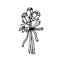 Gift bouquet of flowers line art. Rose flower. Floral present in a package tied with a bow. Hand drawn vector doodle illustration. Outline drawing.