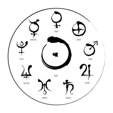 Table Of Astrology Symbols: Hand Drawn Planet Hieroglyph in circle
