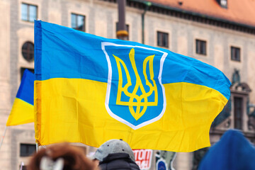Ukrainian blue and yellow flag with trident at peaceful demonstration