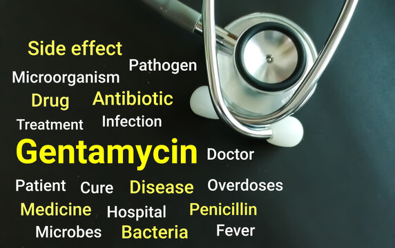 Gentamycin medical term with word cloud on black background.