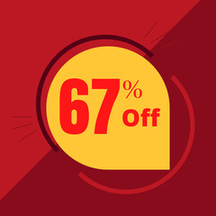 67% off sticker with yellow balloon and red background illustrating a promotion (discount offer)