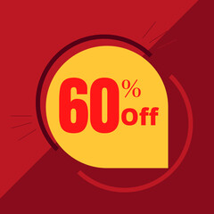 60% off sticker with yellow balloon and red background illustrating a promotion (discount offer)