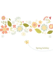 Greeting card with flowers and green grass on white background.