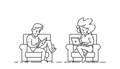 Guy and girl using a tablet and laptop sitting on their home sofa