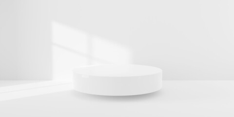 Empty, blank white room with floating platform and window shadow from sunlight on wall background, product display or stage template