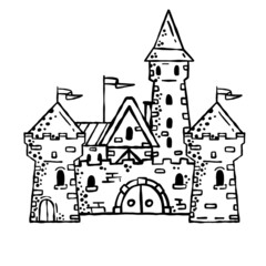 Medieval castle. Stone knight or royal fortress with tower. Military old fort. Sketch outline cartoon