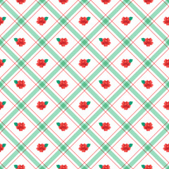 Cute Red Rose leaf Element Red Green Diagonal Stripe Striped Line Tilt Checkered Plaid Tartan Buffalo Scott Gingham Pattern Illustration Wrapping Paper, Picnic Mat, Tablecloth, Scarf