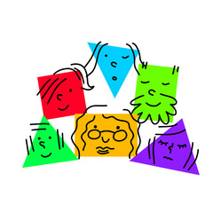 Pile of Various bright basic Geometric Figures with face emotions.