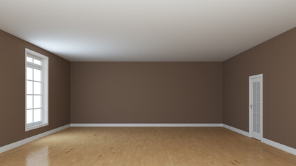 Unfurnished Interior. Empty Room with Brown Stucco Walls, Light Glossy Parquet Floor, White Plinth, Window and a White Door. 3d rendering with a Work Path on Window. Interior Concept, 8K Ultra HD