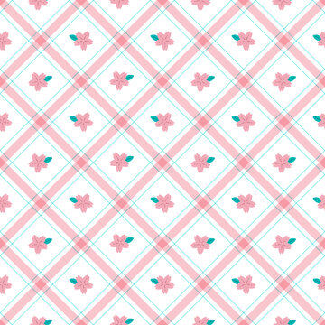 Cute Sakura leaf Element Pink Blue Diagonal Stripe Striped Line Tilt Checkered Plaid Tartan Buffalo Scott Gingham Pattern Illustration Wrapping Paper, Picnic Mat, Tablecloth, Scarf