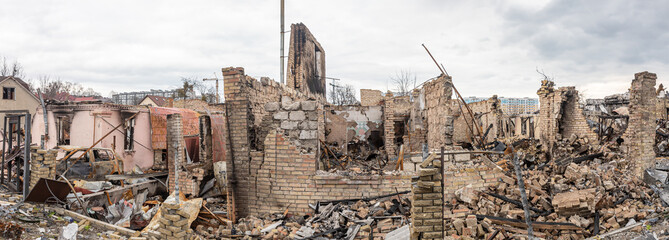 BUCHA, UKRAINE - Apr. 06, 2022: War in Ukraine. Chaos and devastation on the streets of Bucha as a...