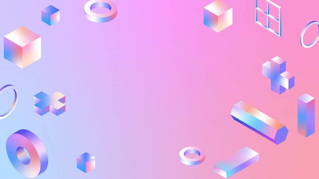Abstract 3d geometric shapes loop animation. Modern background, seamless motion design, Memphis style. 4k poster banner. isometric shapes, objects. Purple, pink, holographic foil, Iridescent color