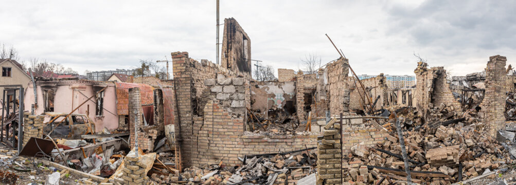 BUCHA, UKRAINE - Apr. 06, 2022: War in Ukraine. Chaos and devastation on the streets of Bucha as a result of the attack of Russian invaders