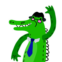 Naklejka premium Cute Crocodile Character in Hat and tie. Funny green alligator.
