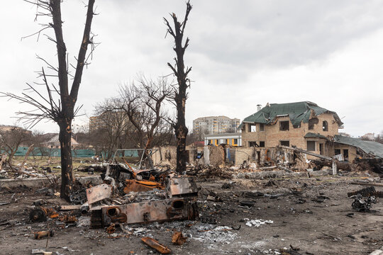 BUCHA, UKRAINE - Apr. 06, 2022: War in Ukraine. Chaos and devastation on the streets of Bucha as a result of the attack of Russian invaders