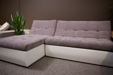 Living room furnishing with stylish modern comfortable upholstered furniture. Modern confortable settee, displayed for sale in a showroom of an upholstered furniture store for home furnishing.