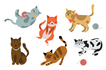 Set of icons with cats. Flat design vector. Variety breeds cats in different poses sitting, standing, stretching, playing, lying. For veterinary clinic, pet shop advertising. Collection of kittens EPS
