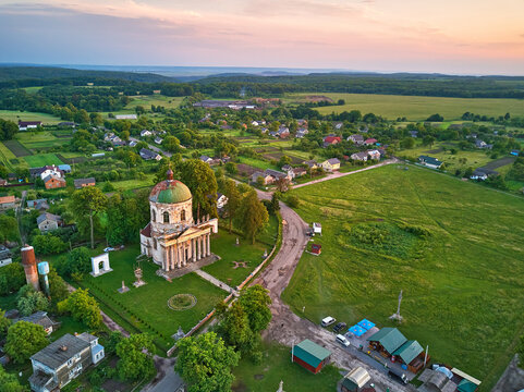 Old St. Joseph's Church in Pidhirtsi aerial view, village Podgortsy, renaissance palace. Ukraine, Lviv region