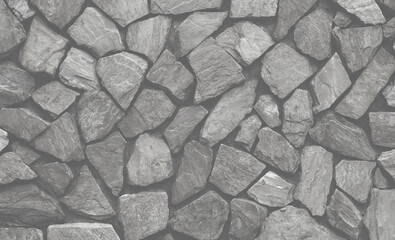 Dark masonry wall texture. Black stones and rocks of different shape, gray background. Stonework.	           