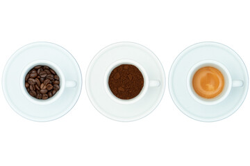 Set of three cup of black coffee. Coffee beans, ground coffee, espresso