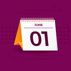 White and yellow calendar on burgundy background. 1th of June. Vector. 3D illustration.