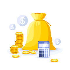 Drawing of a bag of money. Coins and a calculator.