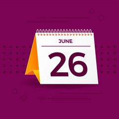 White and yellow calendar on burgundy background. 26th of June. Vector. 3D illustration.