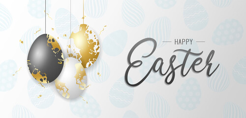 Happy Easter banner template design with white, golden eggs and golden confetti on multicolor background.