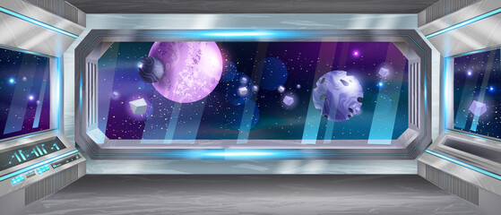 Space ship cockpit interior, alien spacecraft background, shuttle window moon vector futuristic view. 3D game sci-fi background, neon lights, station base, metal frame. Space ship panoramic star scene