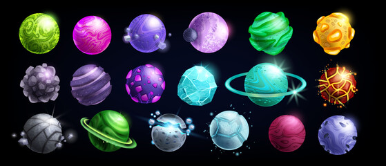 Alien planet game icon set, stone magic cosmos asteroid, vector space cartoon fantasy worlds kit. UI stone rocks assets isolated on black, fantastic astronomy design elements. Alien planet clipart © Oleksandra