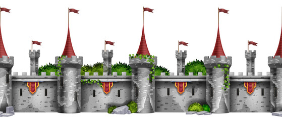 Seamless stone castle wall, red flag on white old brick tower, vector gray medieval fortress border. Rock ancient royal citadel fortification, fantasy game architecture background. Castle wall clipart © Oleksandra