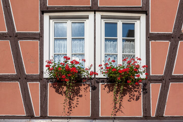Fototapeta na wymiar Fenster mit Blumenschmuck, Fachwerkhaus