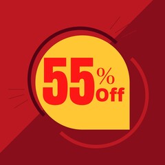 55% off sticker with yellow balloon and red background illustrating a promotion (discount offer)