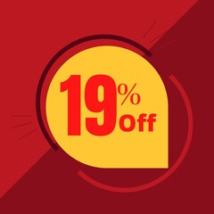 19% off sticker with yellow balloon and red background illustrating a promotion (discount offer)