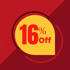 16% off sticker with yellow balloon and red background illustrating a promotion (discount offer)