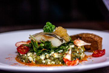 Herring or mackerel with cucumbers, eggs and shrimp
