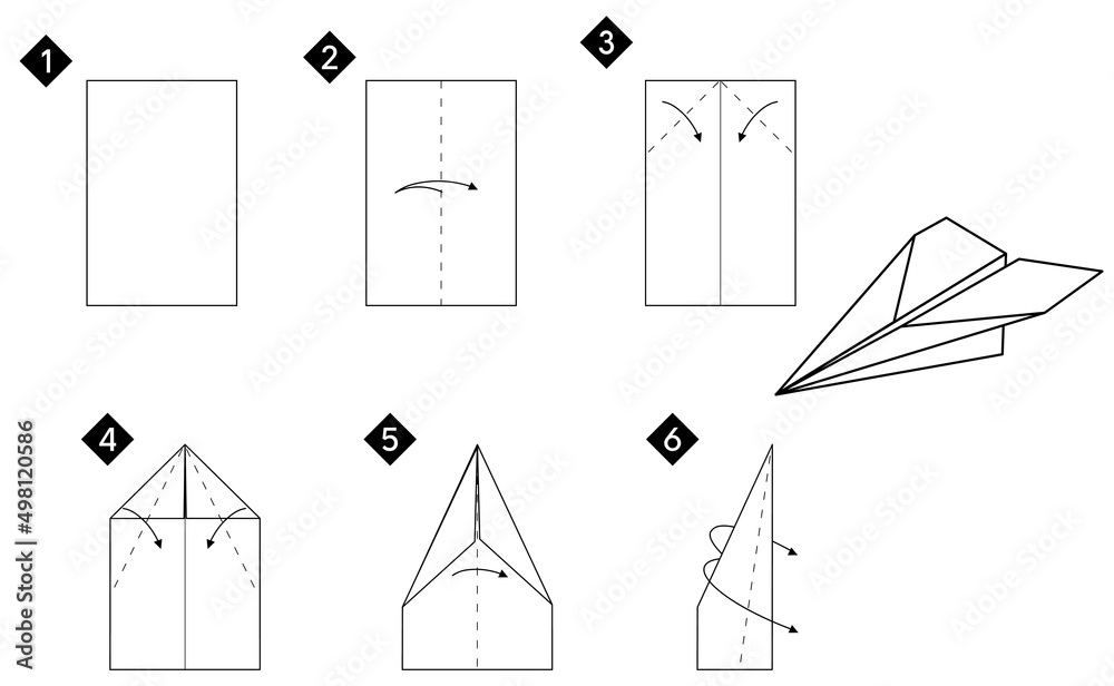 Poster instructions how to make origami airplane. black and white colors. vector step by step tutorial mono